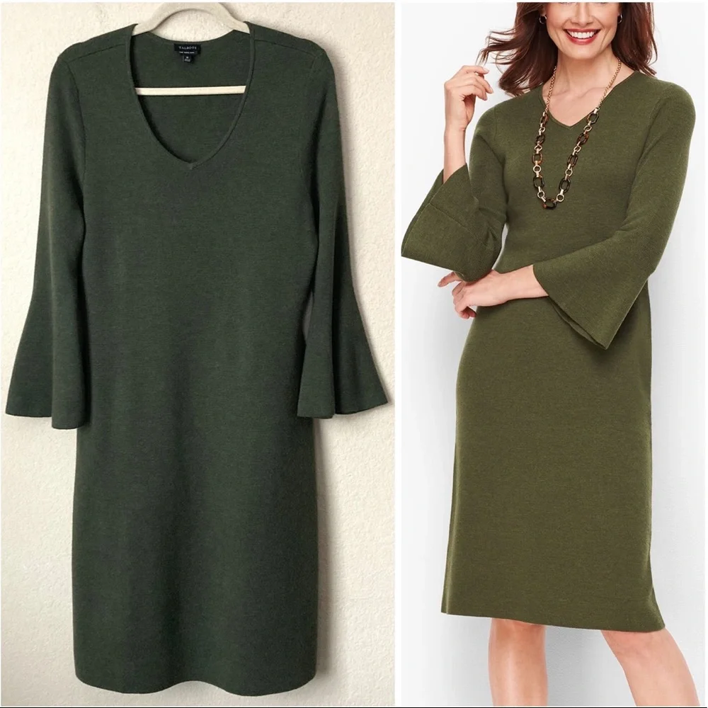 Talbots Luxe Merino Wool Flounce Sleeve Flattering Sweater Dress